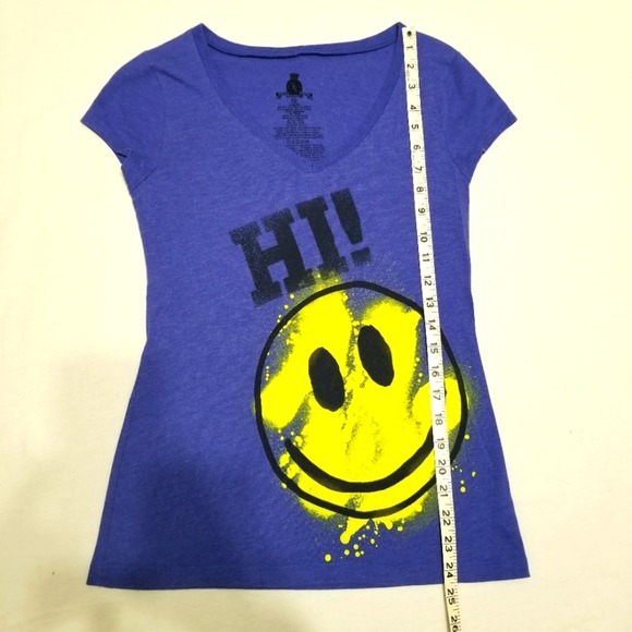 SMILEY Hi! BYE! T-shirt Womens Juniors M/M 7/9 Cap Sleeve Tee Blue - Picture 6 of 8